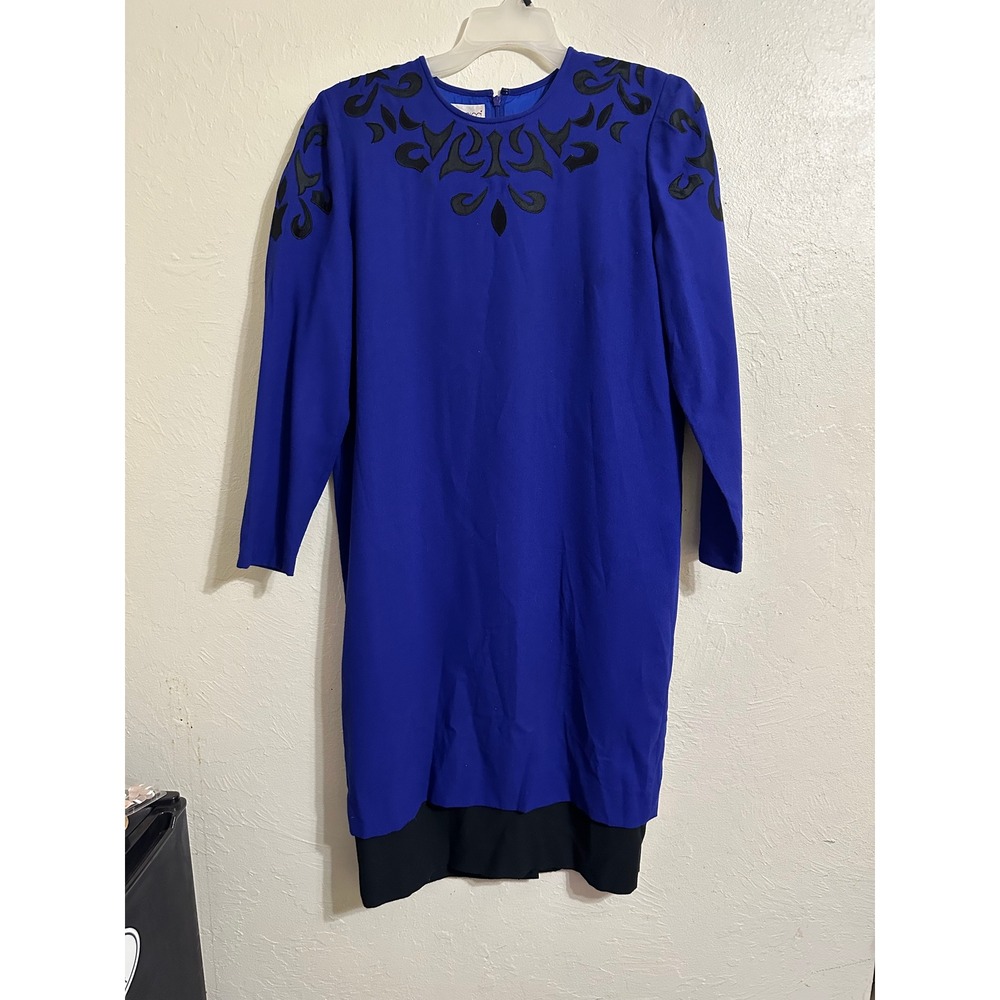 VTG Pia Rucci Blue Black Abstract Midi Sheath Dress Sz 14 Boho Classic Party